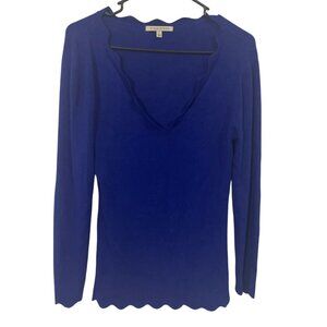 Womens Blue Scalloped V-Neck‎ Long Sleeve Knit sweater S Elegant Classic Stretch